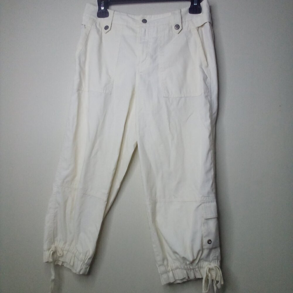 Sigrid Olsen Capri Pants Women 4 Cargo Pockets Cinch Hem Lightweight Beige